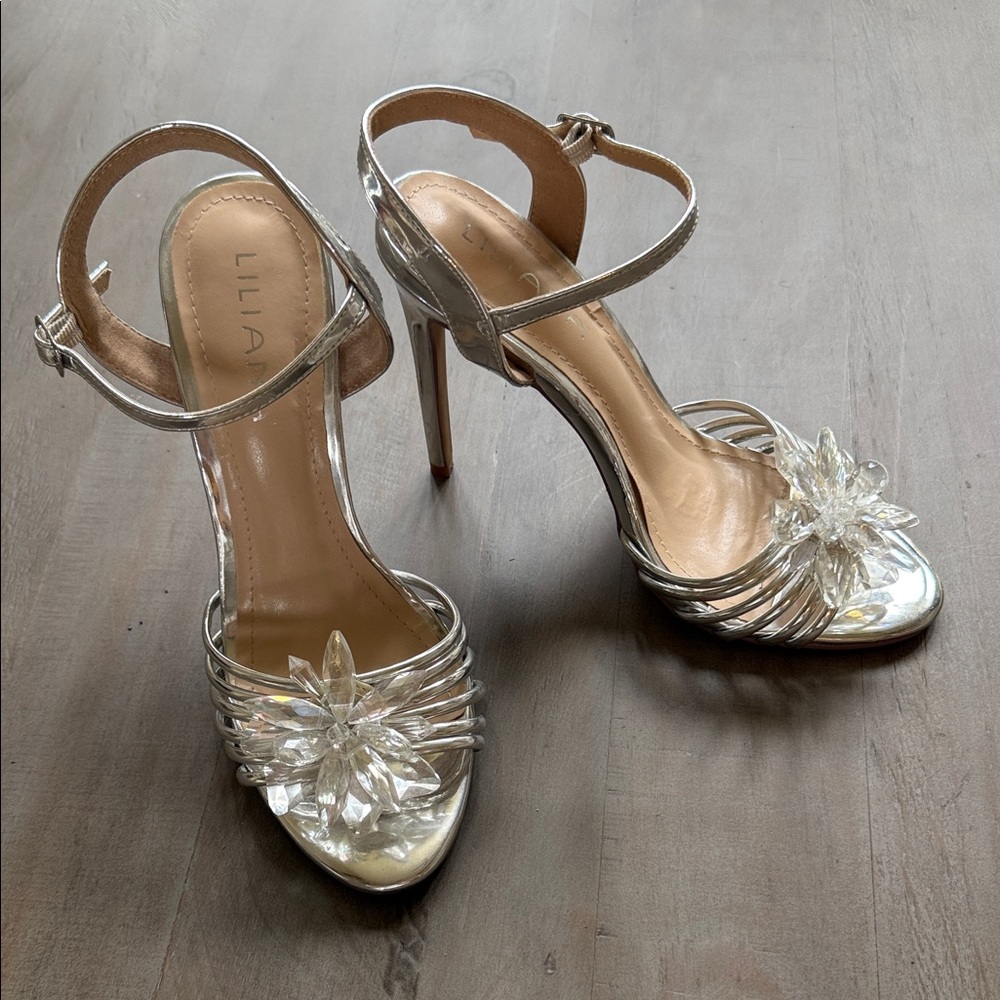 Liliana Silver and Clear Flower Embellished Heels